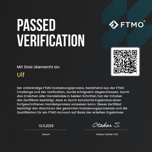 Certificate of a passed FTMO challenge or verification