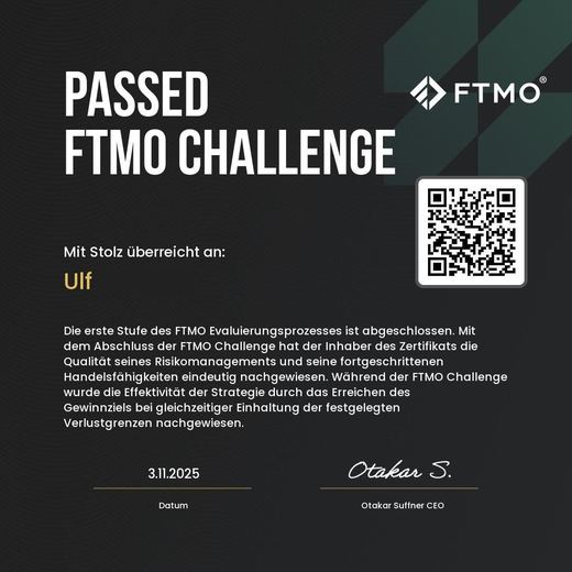 Certificate of a passed FTMO challenge or verification