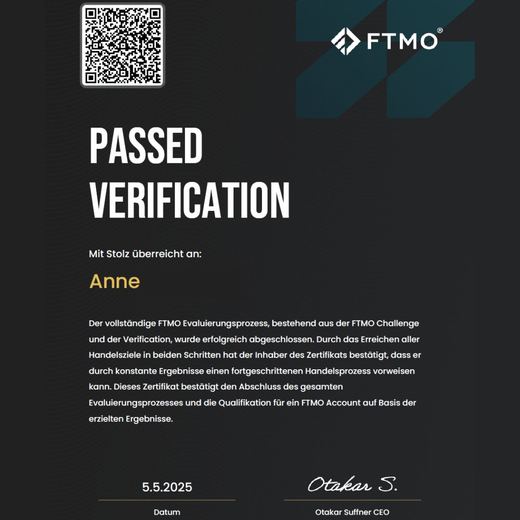 Certificate of a passed FTMO challenge or verification