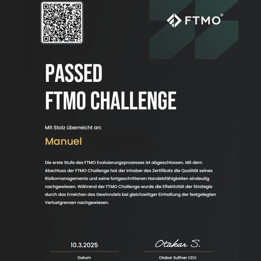 Certificate of a passed FTMO challenge or verification