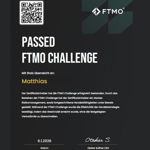 Certificate of a passed FTMO challenge or verification
