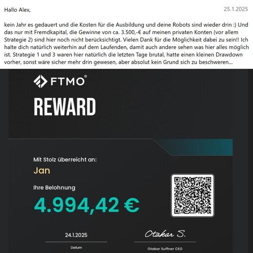 Payout or reward from a prop firm