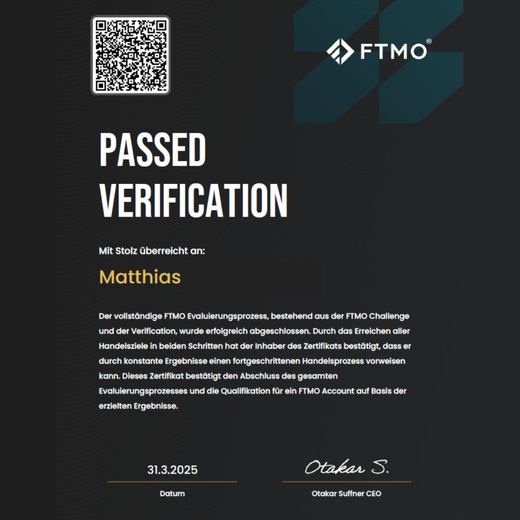 Certificate of a passed FTMO challenge or verification