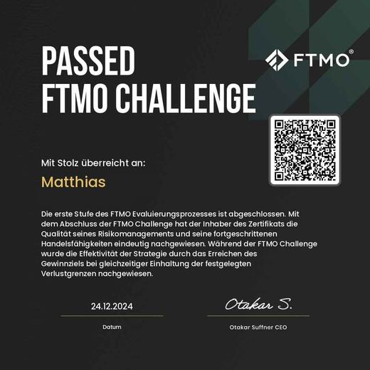 Certificate of a passed FTMO challenge or verification