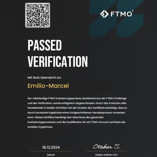 Certificate of a passed FTMO challenge or verification