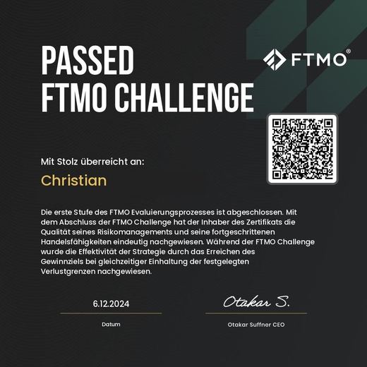 Certificate of a passed FTMO challenge or verification