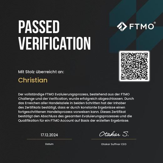 Certificate of a passed FTMO challenge or verification