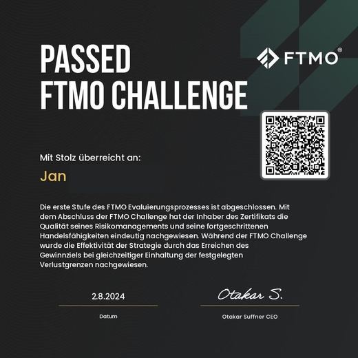 Certificate of a passed FTMO challenge or verification