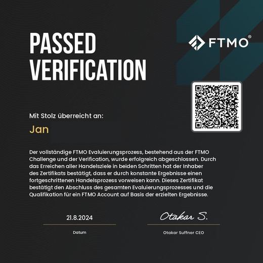 Certificate of a passed FTMO challenge or verification