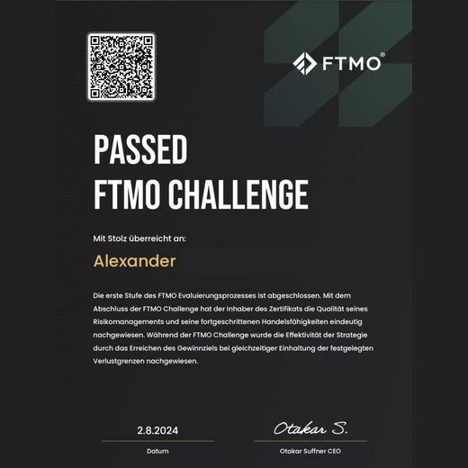 Certificate of a passed FTMO challenge or verification