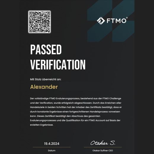 Certificate of a passed FTMO challenge or verification