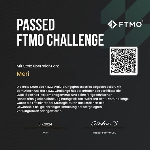Certificate of a passed FTMO challenge or verification