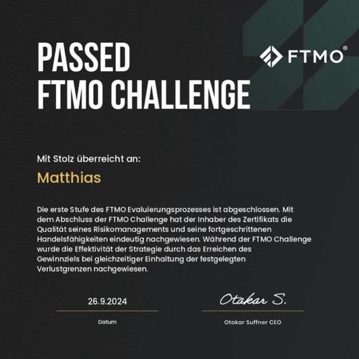 Certificate of a passed FTMO challenge or verification