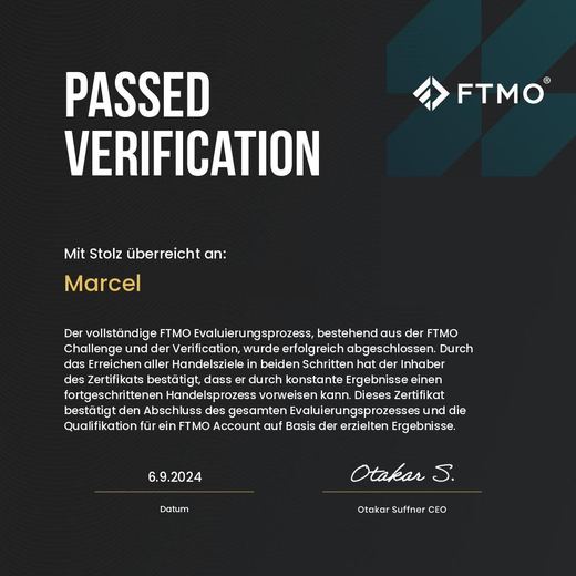 Certificate of a passed FTMO challenge or verification