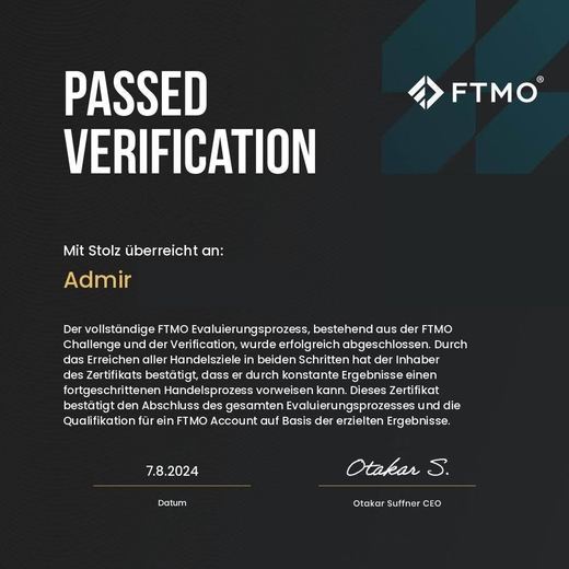 Certificate of a passed FTMO challenge or verification