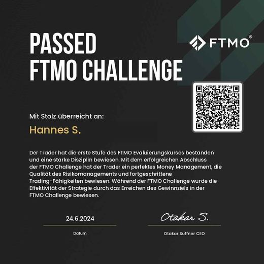 Certificate of a passed FTMO challenge or verification