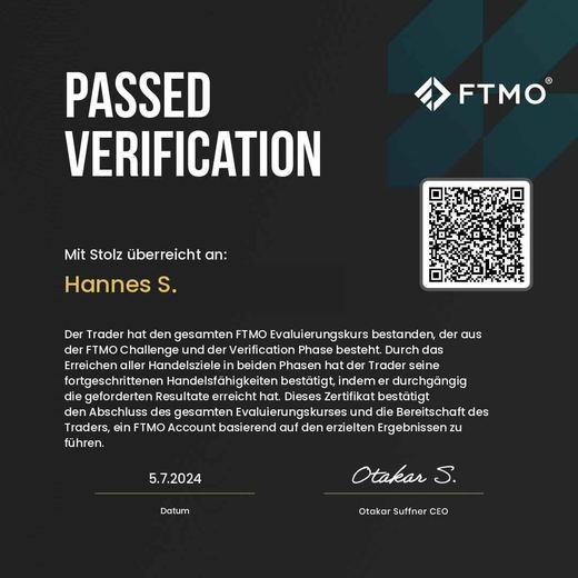 Certificate of a passed FTMO challenge or verification