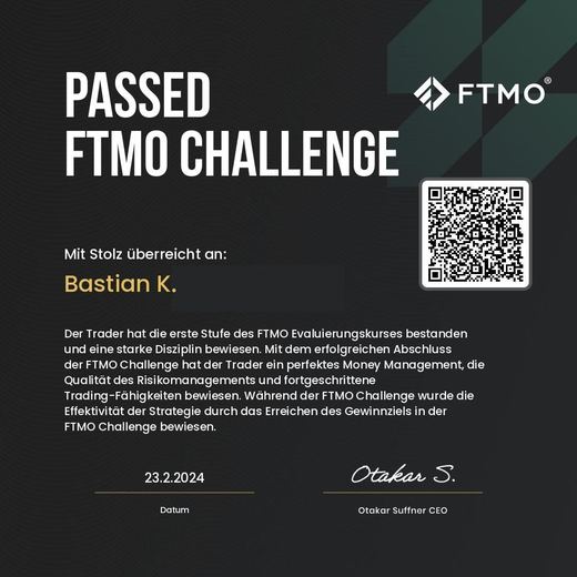 Certificate of a passed FTMO challenge or verification